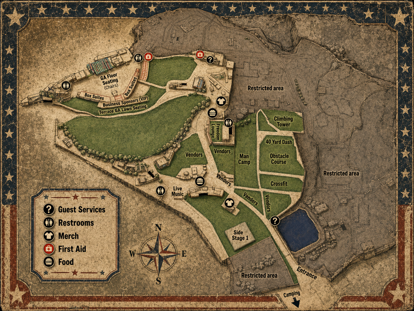 Freedom Con venue map showing stage, seating, entrances, parking, camping, and amenities