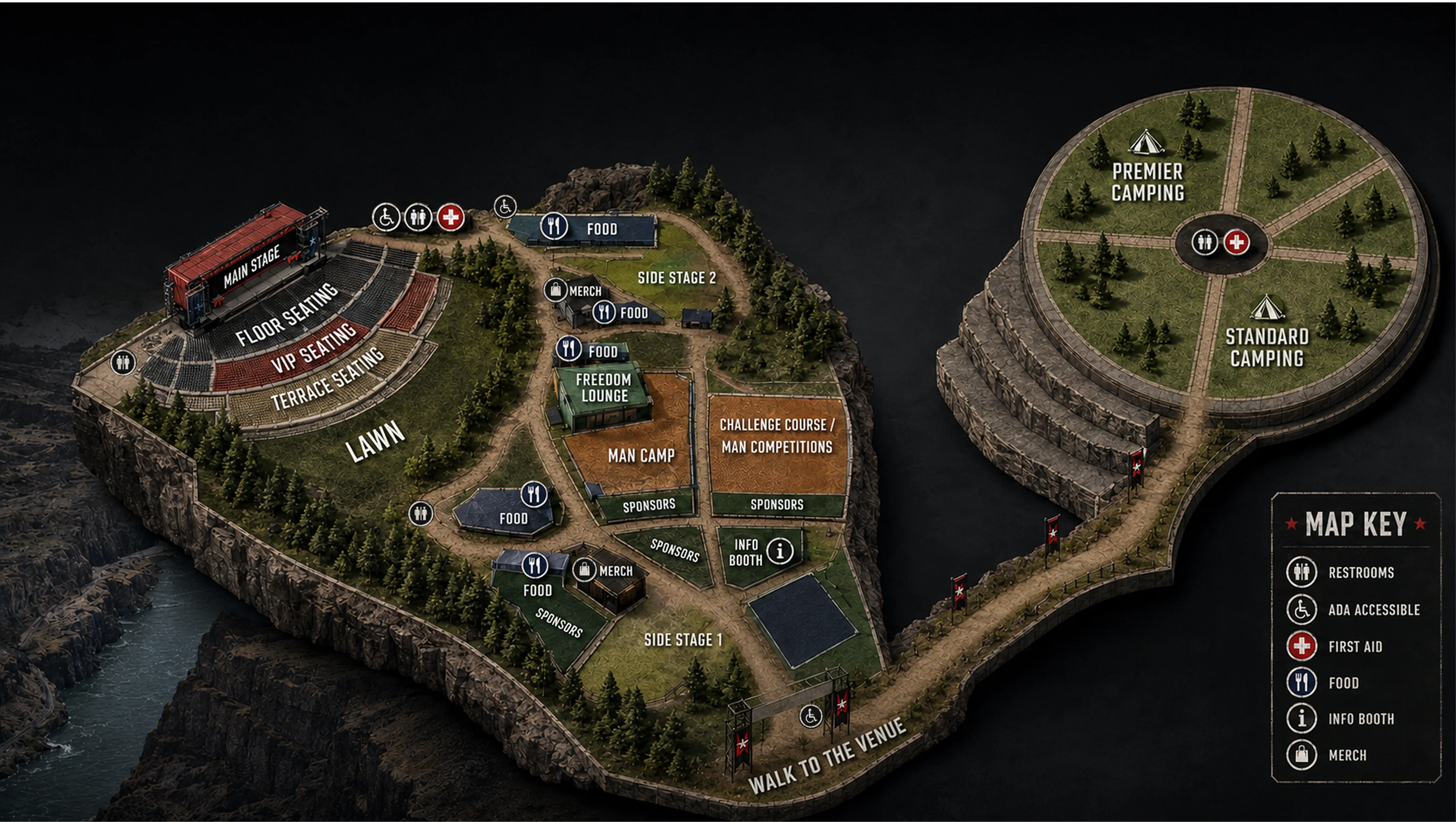 Freedom Con venue map showing stage, seating, entrances, parking, camping, and amenities